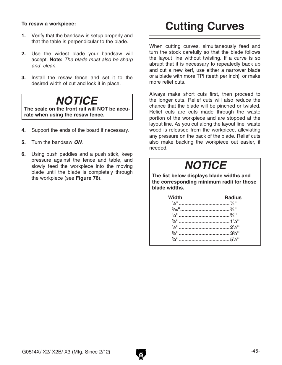 Cutting curves, Notice | Grizzly G0514X User Manual | Page 47 / 96
