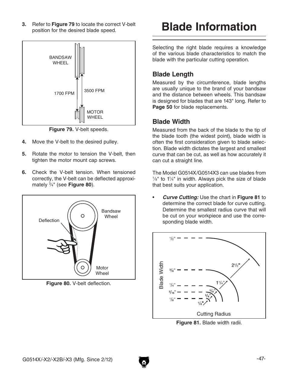 Blade information, Blade length, Blade width | Grizzly G0514X User Manual | Page 49 / 96