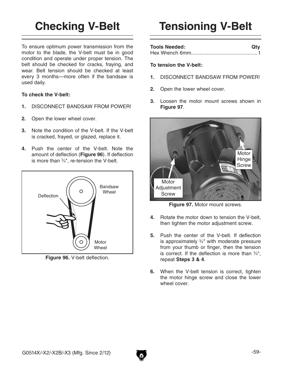 Checking v-belt, Tensioning v-belt | Grizzly G0514X User Manual | Page 61 / 96