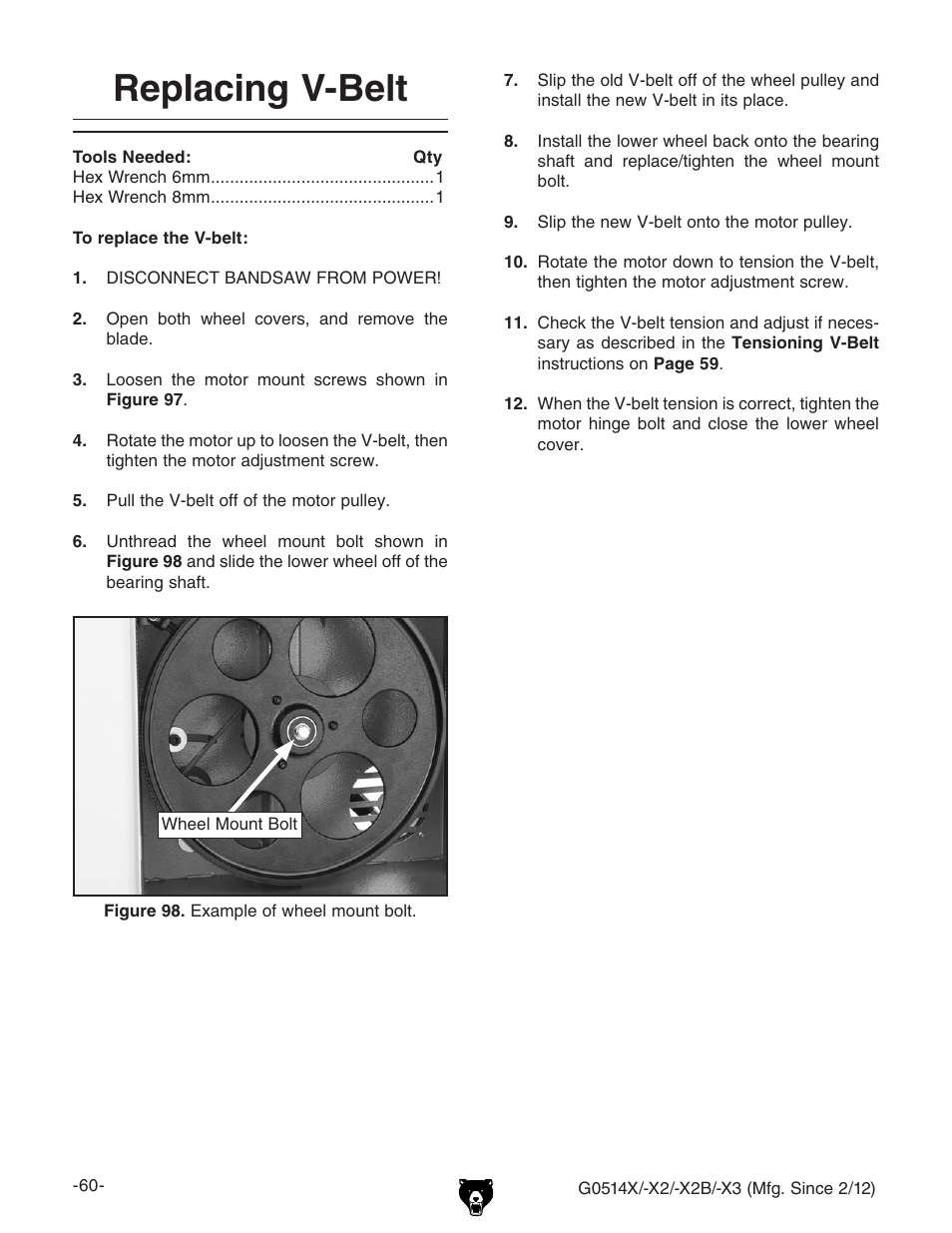Replacing v-belt | Grizzly G0514X User Manual | Page 62 / 96