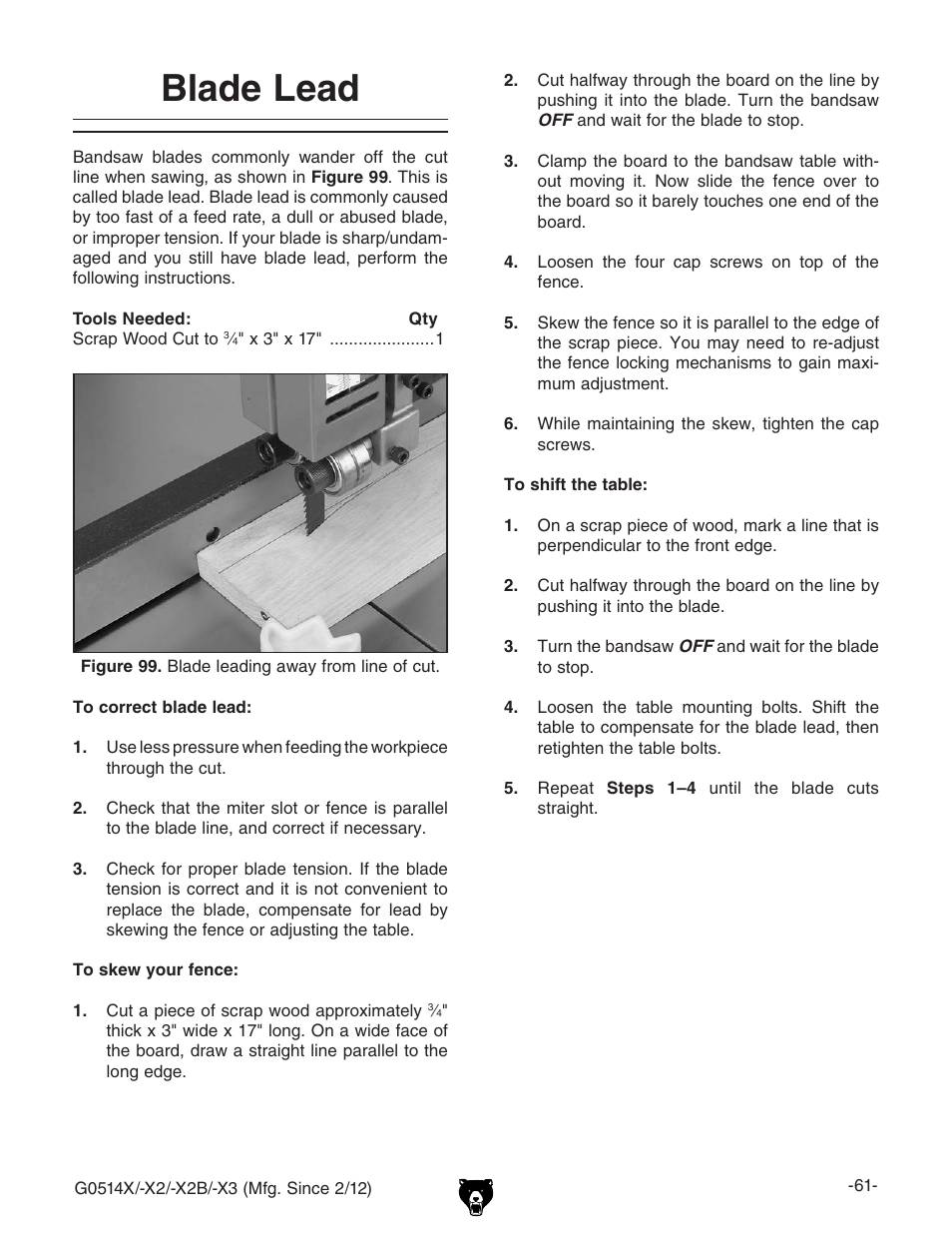 Blade lead | Grizzly G0514X User Manual | Page 63 / 96