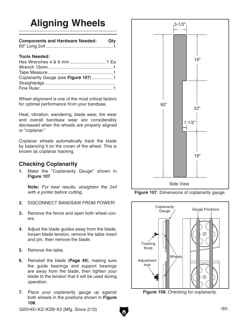 Aligning wheels, Checking coplanarity | Grizzly G0514X User Manual | Page 67 / 96