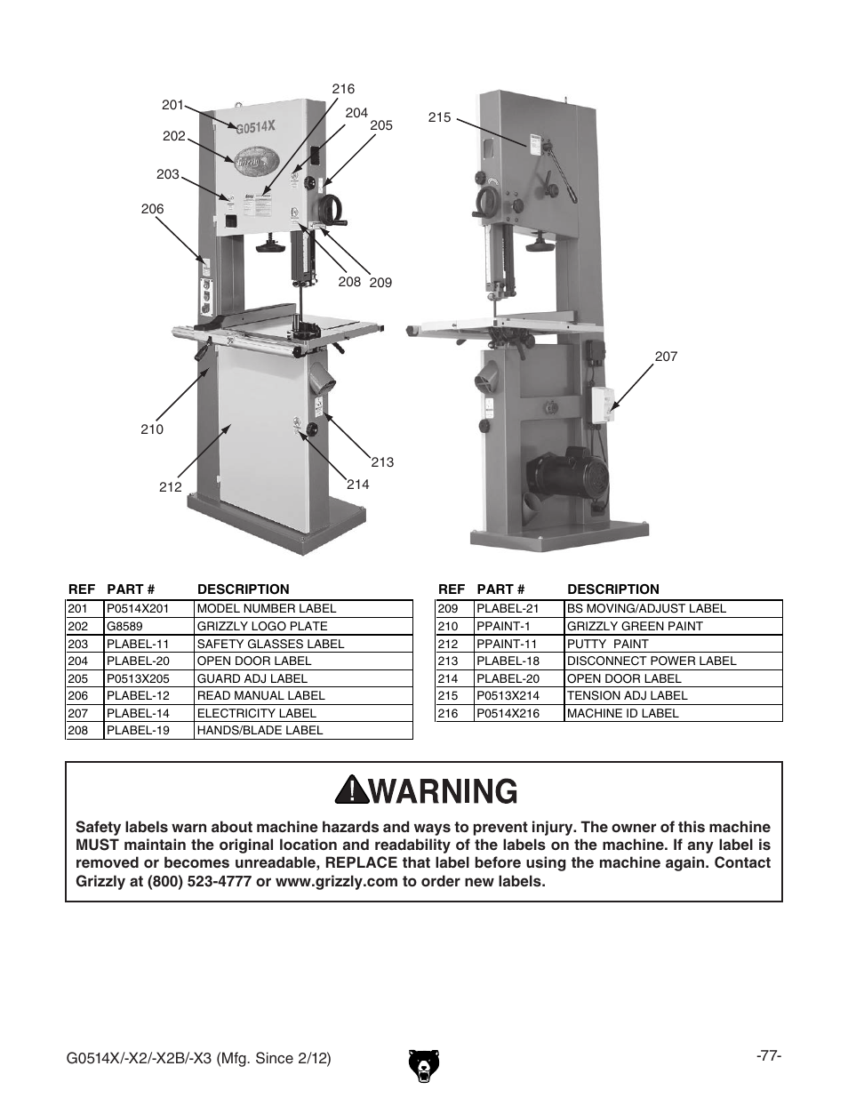 Grizzly G0514X User Manual | Page 79 / 96