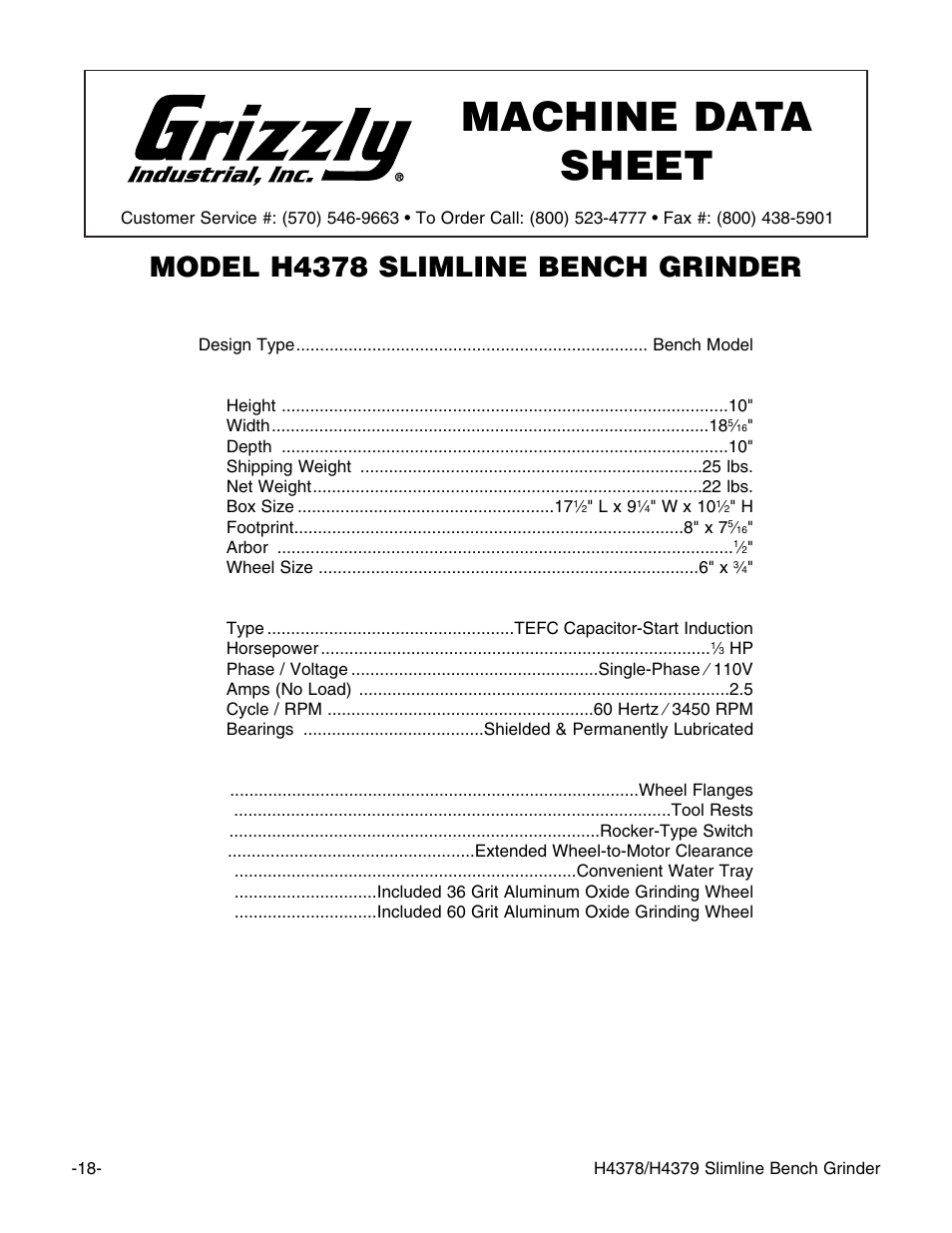 Machine data sheet, Model h4378 slimline bench grinder | Grizzly H437 User Manual | Page 20 / 28