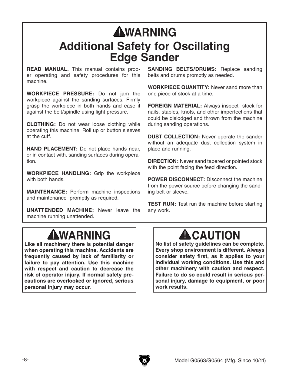 Additional safety for oscillating edge sander | Grizzly G0564 User Manual | Page 10 / 52