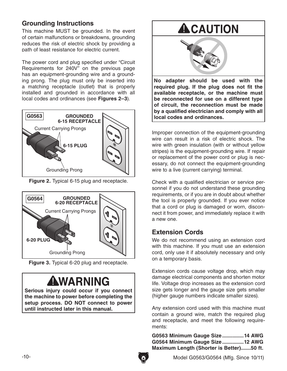 Extension cords, Grounding instructions | Grizzly G0564 User Manual | Page 12 / 52