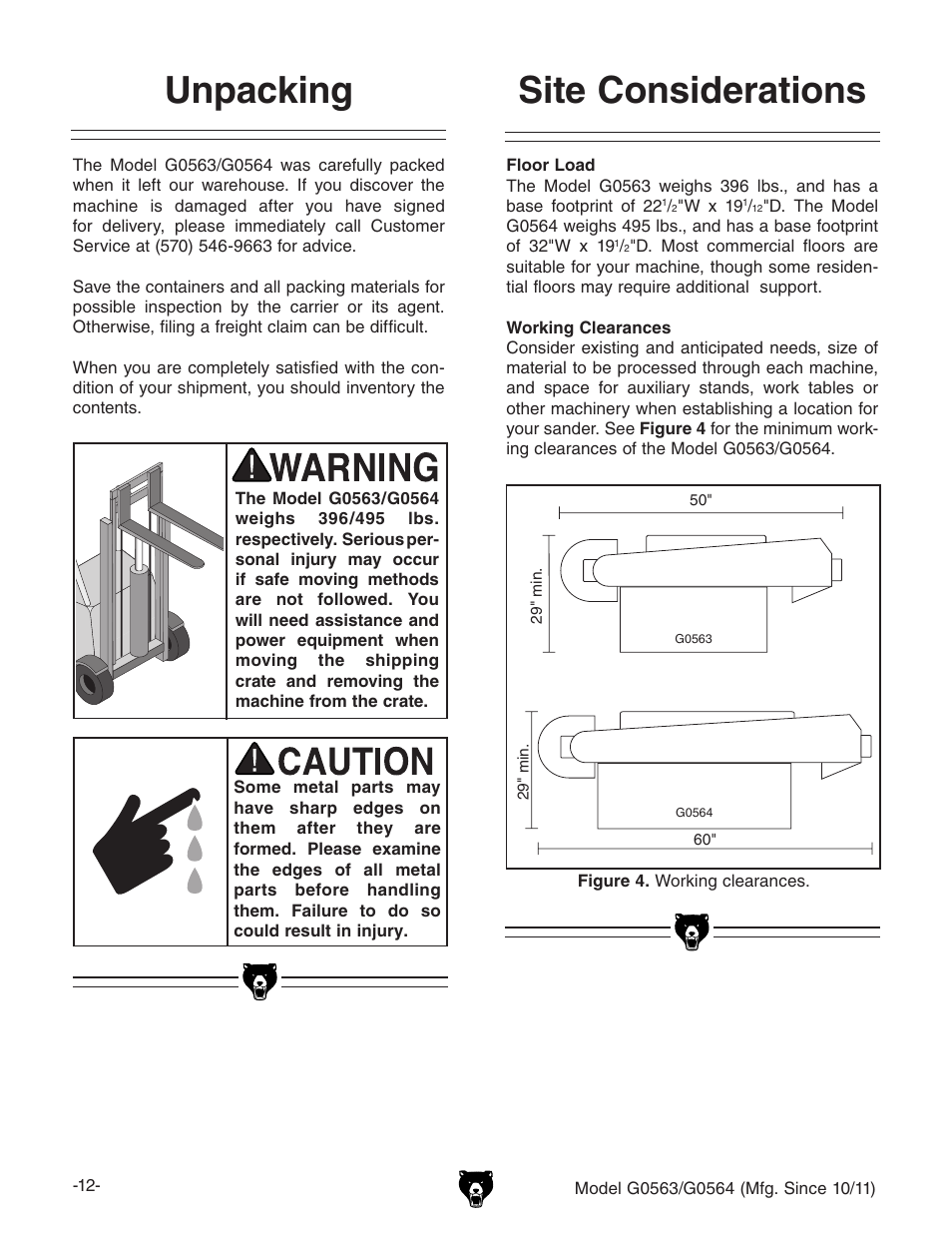 Unpacking, Site considerations | Grizzly G0564 User Manual | Page 14 / 52