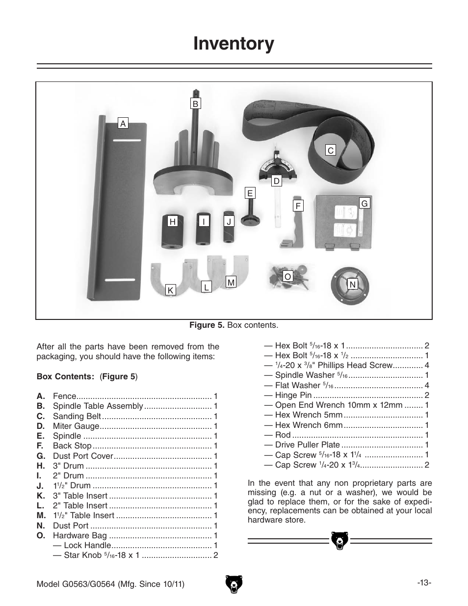 Inventory | Grizzly G0564 User Manual | Page 15 / 52
