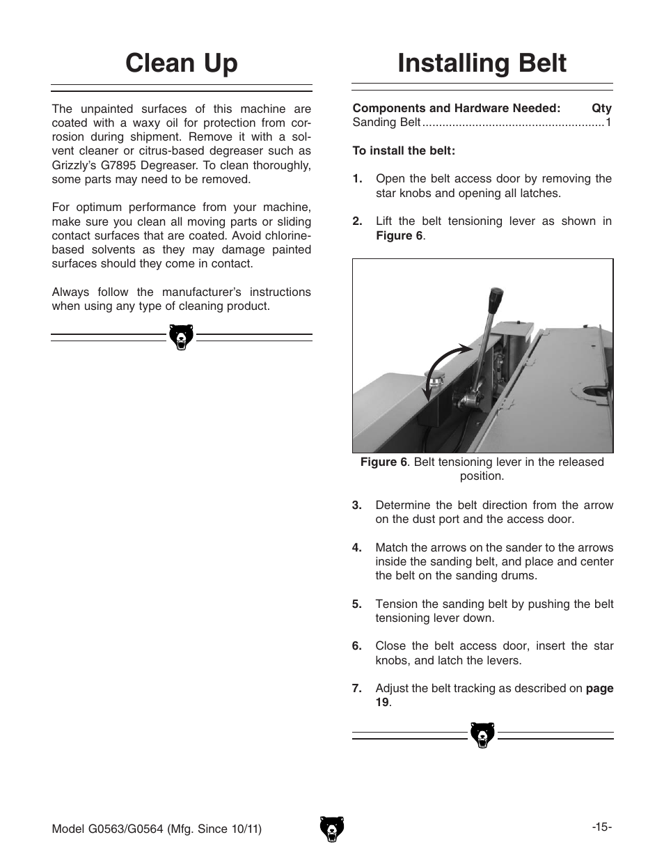 Installing belt, Clean up | Grizzly G0564 User Manual | Page 17 / 52