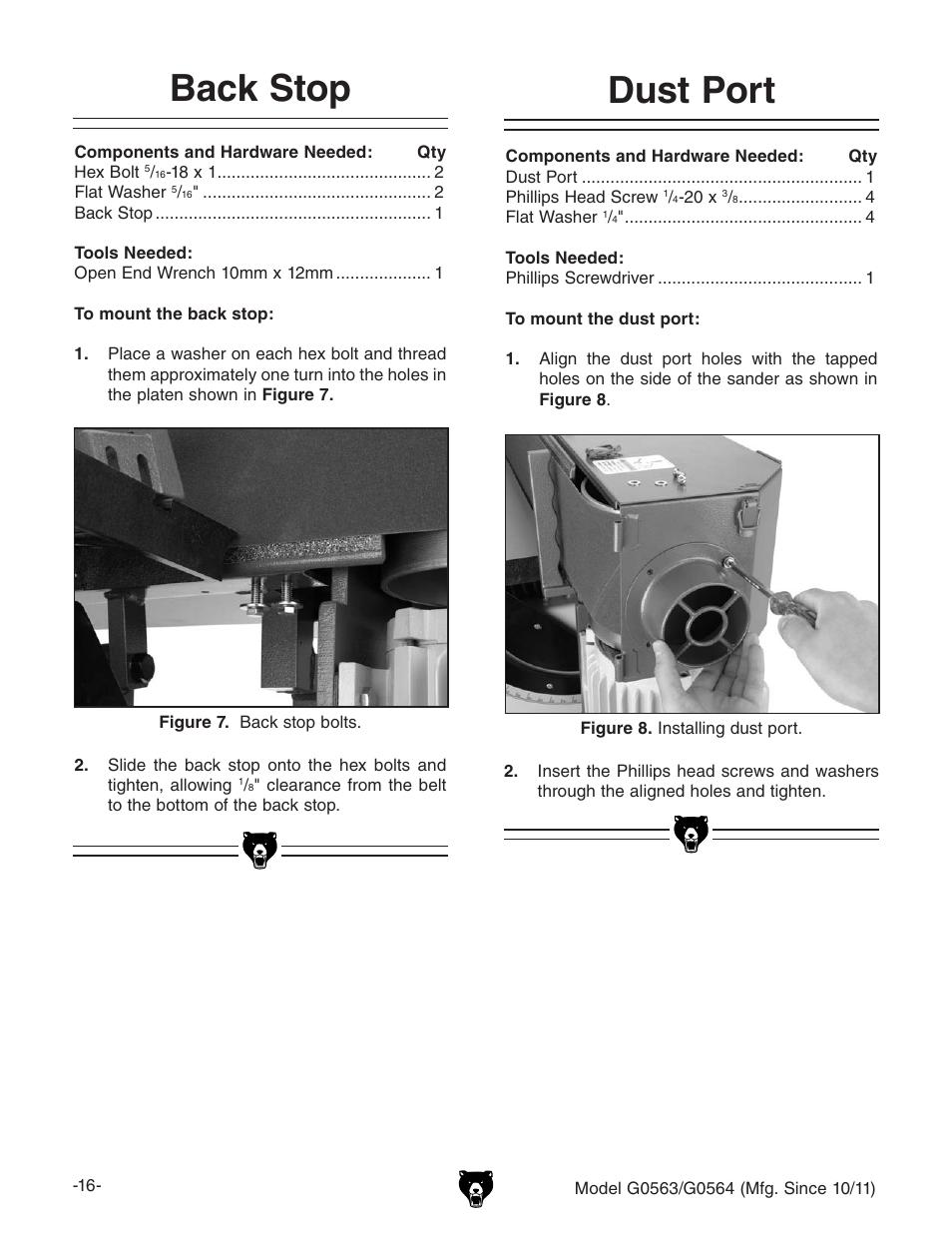 Back stop, Dust port | Grizzly G0564 User Manual | Page 18 / 52