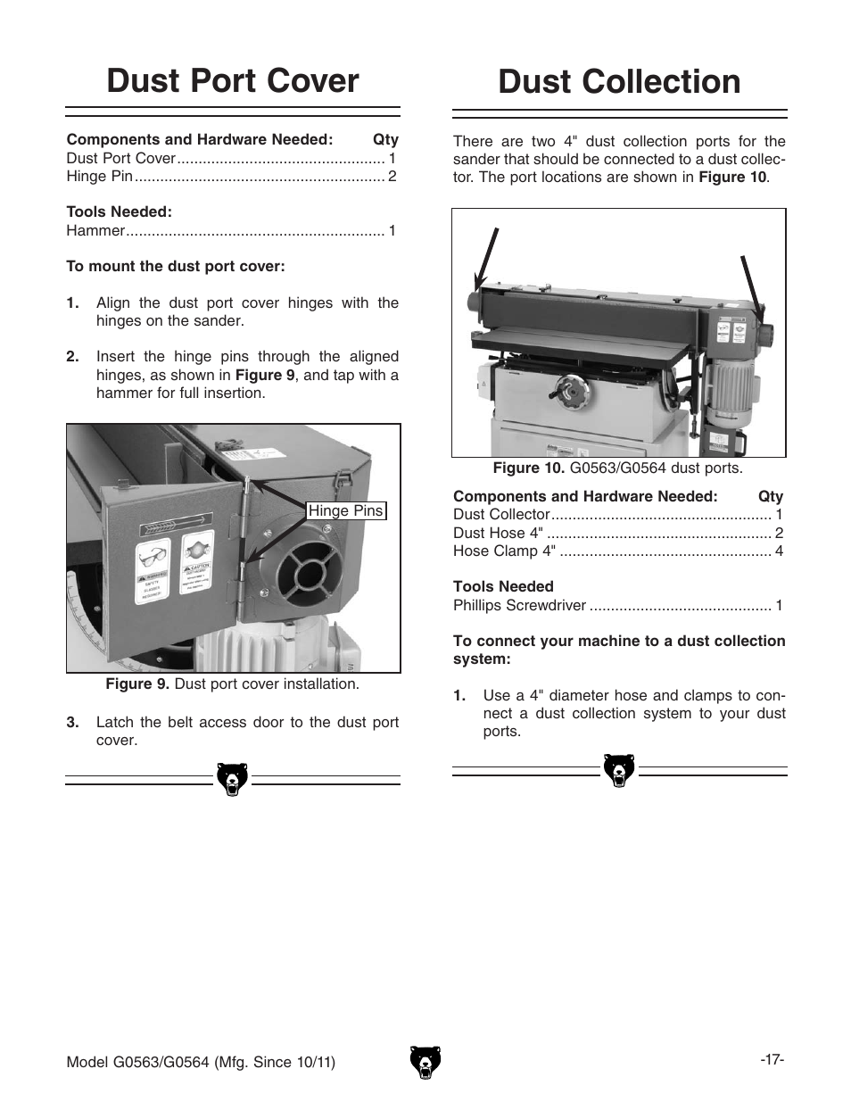 Dust port cover, Dust collection | Grizzly G0564 User Manual | Page 19 / 52