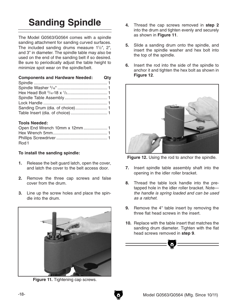 Sanding spindle | Grizzly G0564 User Manual | Page 20 / 52