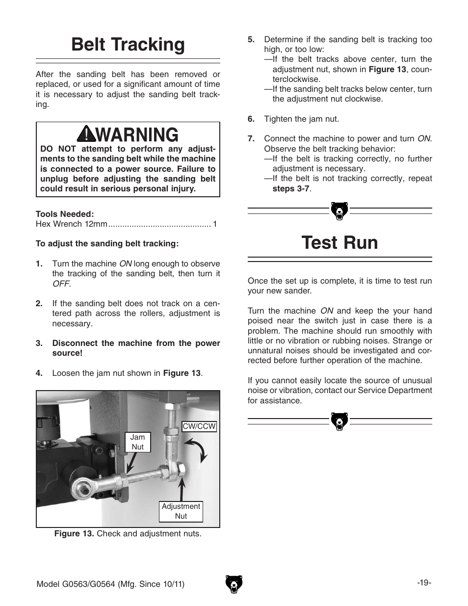 Belt tracking, Test run | Grizzly G0564 User Manual | Page 21 / 52