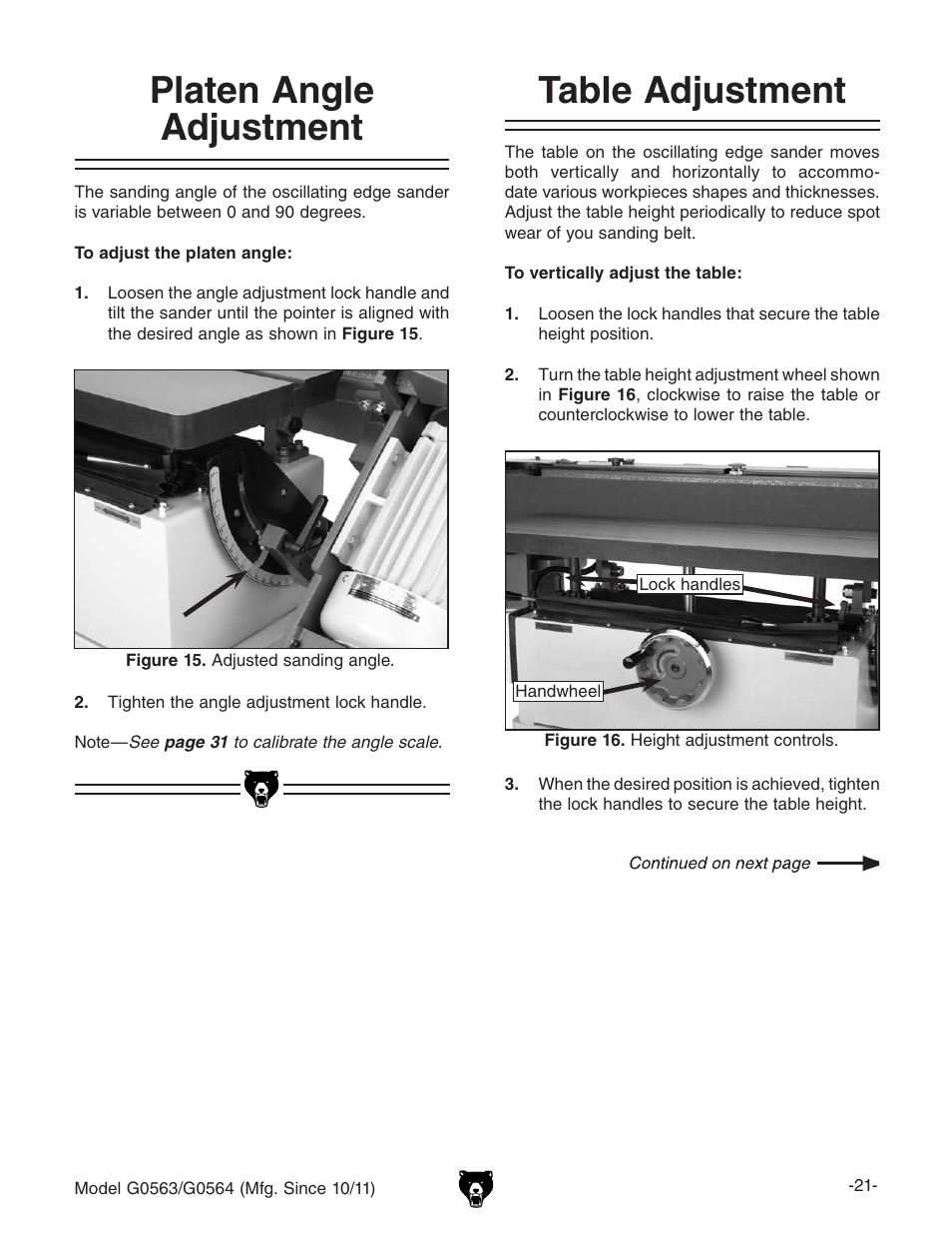 Table adjustment, Platen angle adjustment | Grizzly G0564 User Manual | Page 23 / 52