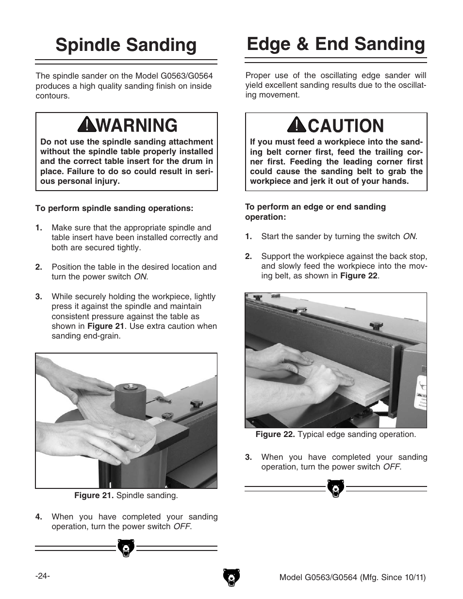Spindle sanding, Edge & end sanding | Grizzly G0564 User Manual | Page 26 / 52