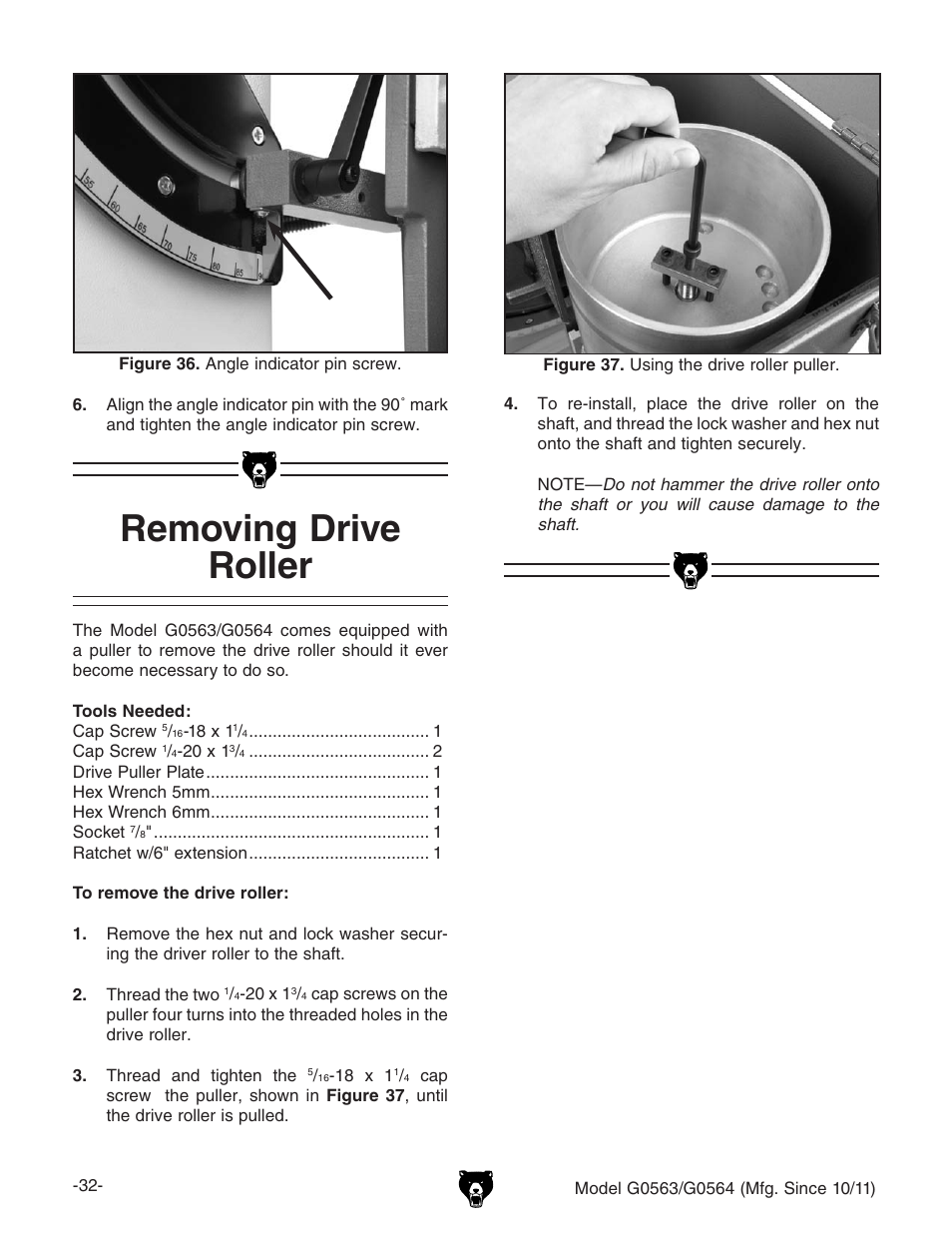 Removing drive roller | Grizzly G0564 User Manual | Page 34 / 52