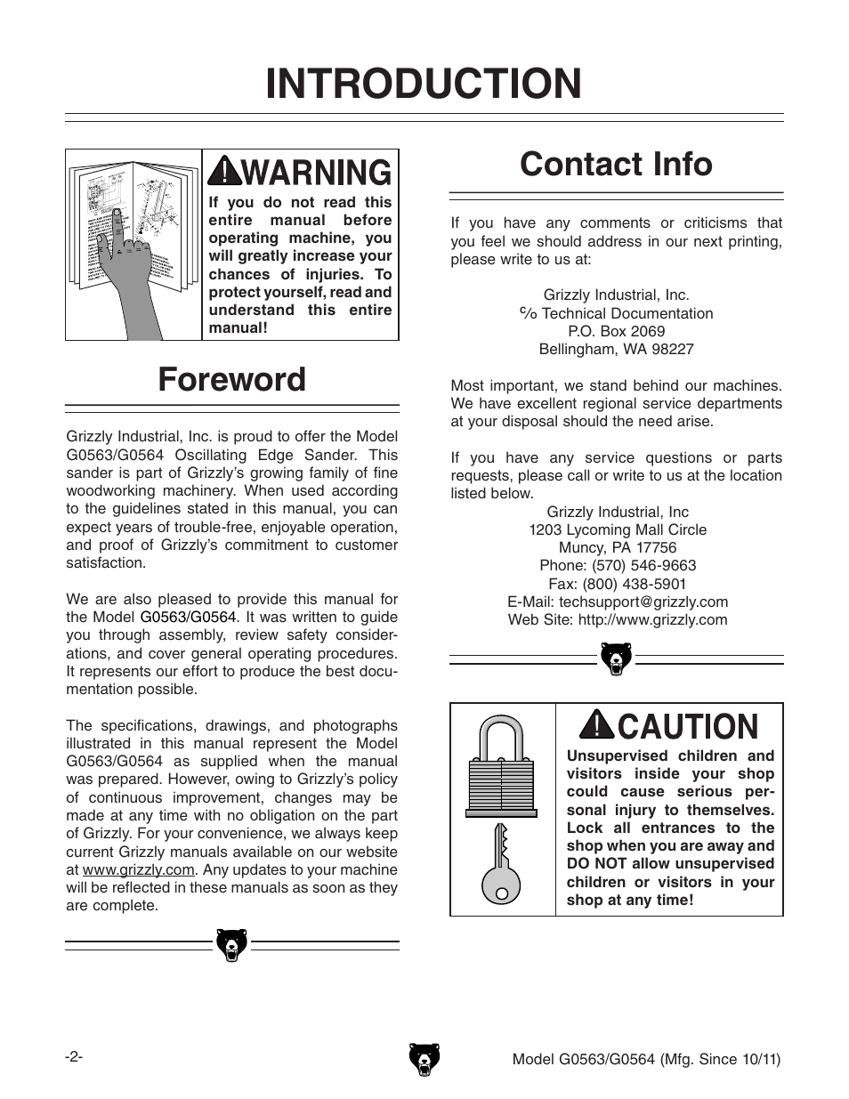 Introduction, Foreword, Contact info | Grizzly G0564 User Manual | Page 4 / 52