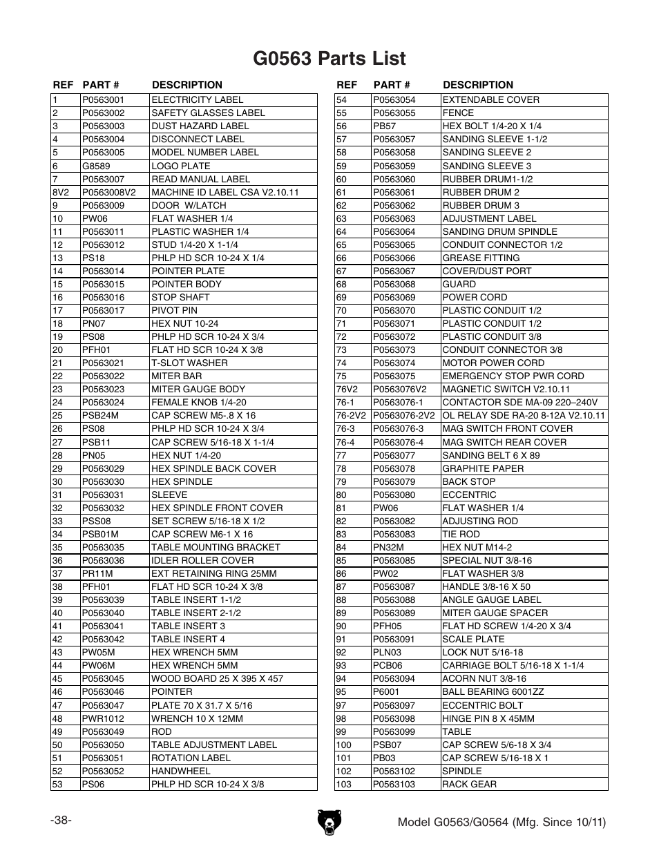 G0563 parts list | Grizzly G0564 User Manual | Page 40 / 52