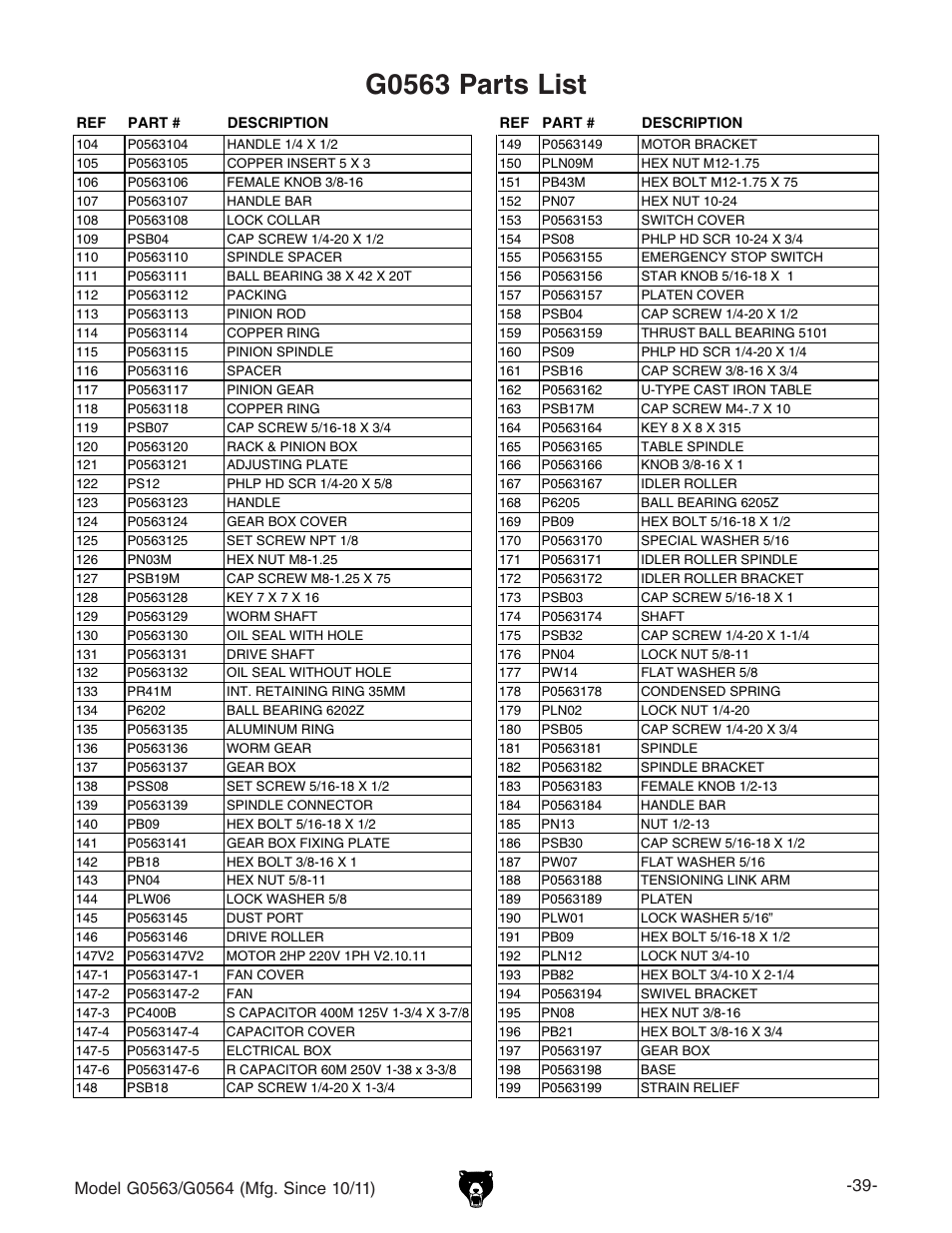 G0563 parts list | Grizzly G0564 User Manual | Page 41 / 52