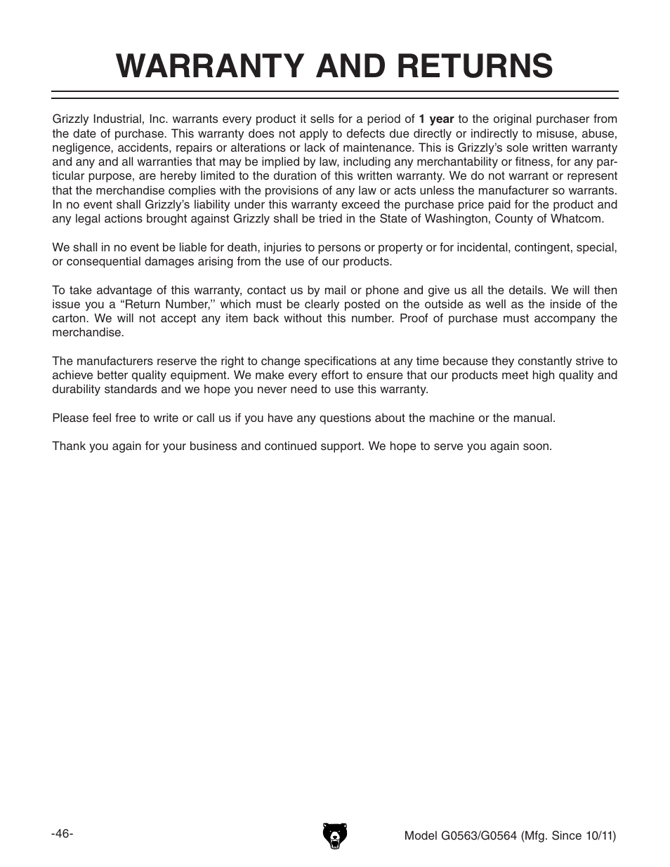Warranty and returns | Grizzly G0564 User Manual | Page 48 / 52
