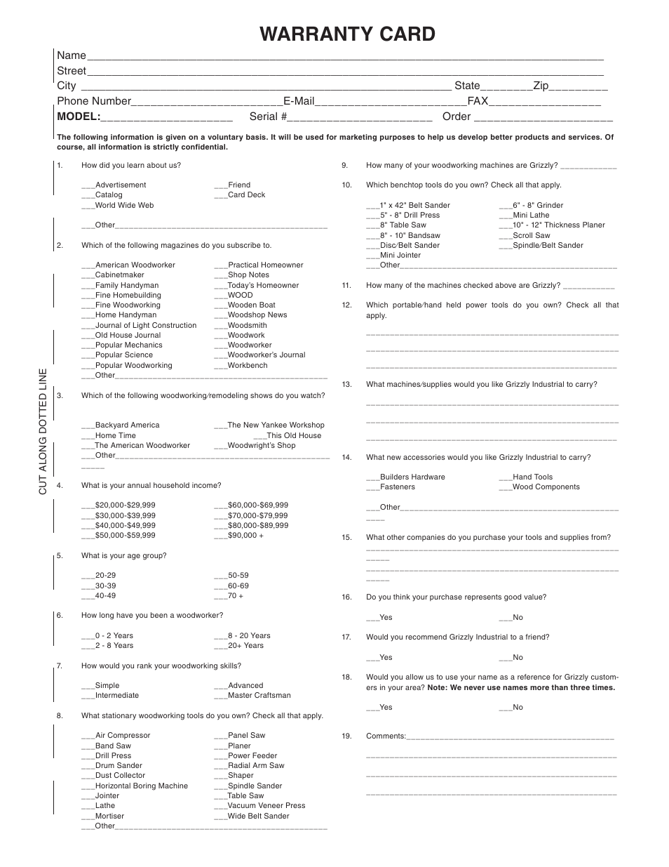 Warranty card | Grizzly G0564 User Manual | Page 49 / 52