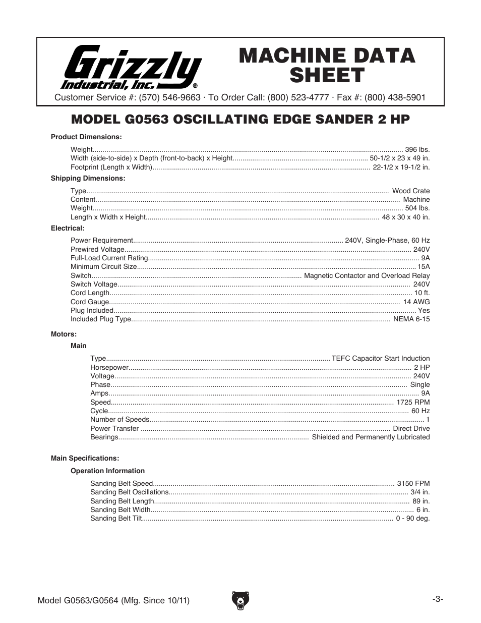 Machine data sheet | Grizzly G0564 User Manual | Page 5 / 52