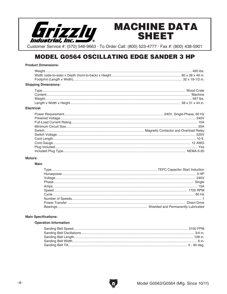 Machine data sheet | Grizzly G0564 User Manual | Page 6 / 52