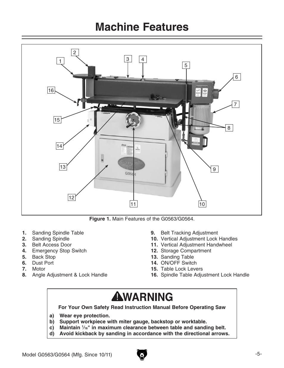 Machine features | Grizzly G0564 User Manual | Page 7 / 52