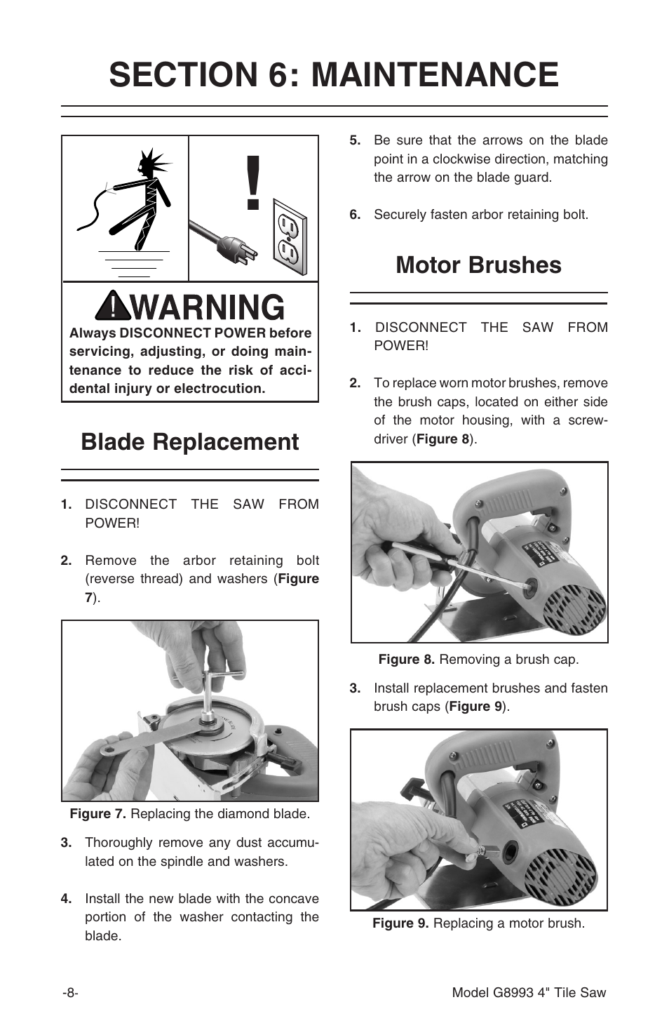 Blade replacement motor brushes | Grizzly G8993 User Manual | Page 10 / 16