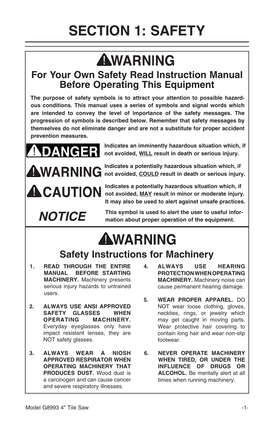 Notice, Safety instructions for machinery | Grizzly G8993 User Manual | Page 3 / 16