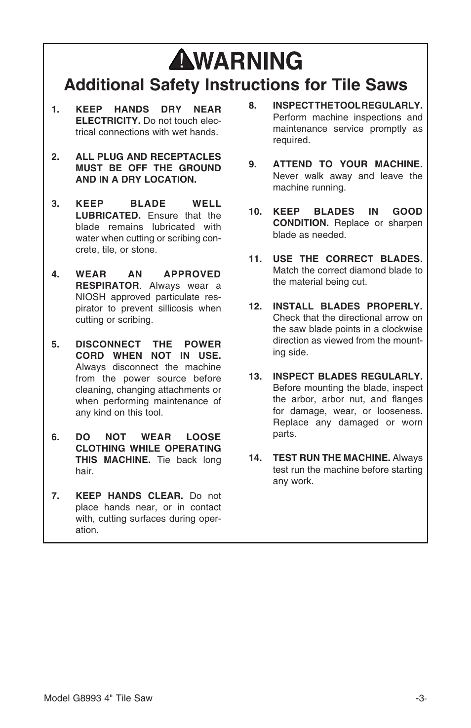 Additional safety instructions for tile saws | Grizzly G8993 User Manual | Page 5 / 16