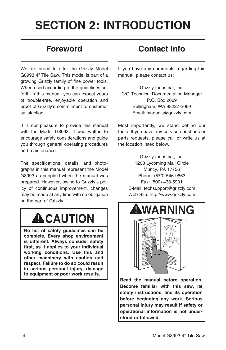 Foreword, Contact info | Grizzly G8993 User Manual | Page 6 / 16