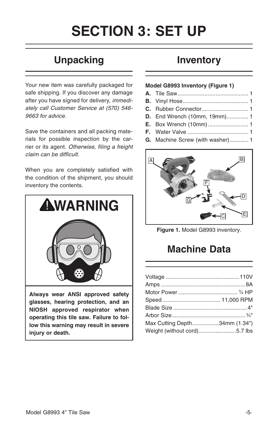 Unpacking inventory, Machine data | Grizzly G8993 User Manual | Page 7 / 16
