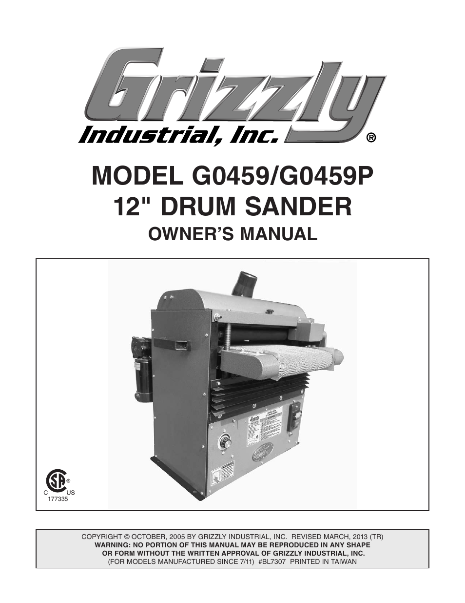 Grizzly 12" Drum Sander G0459 User Manual | 56 pages