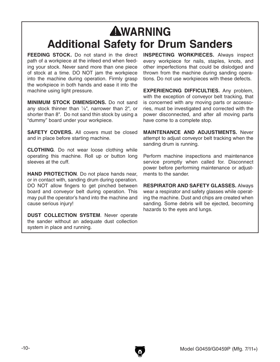 Additional safety for drum sanders | Grizzly 12" Drum Sander G0459 User Manual | Page 12 / 56