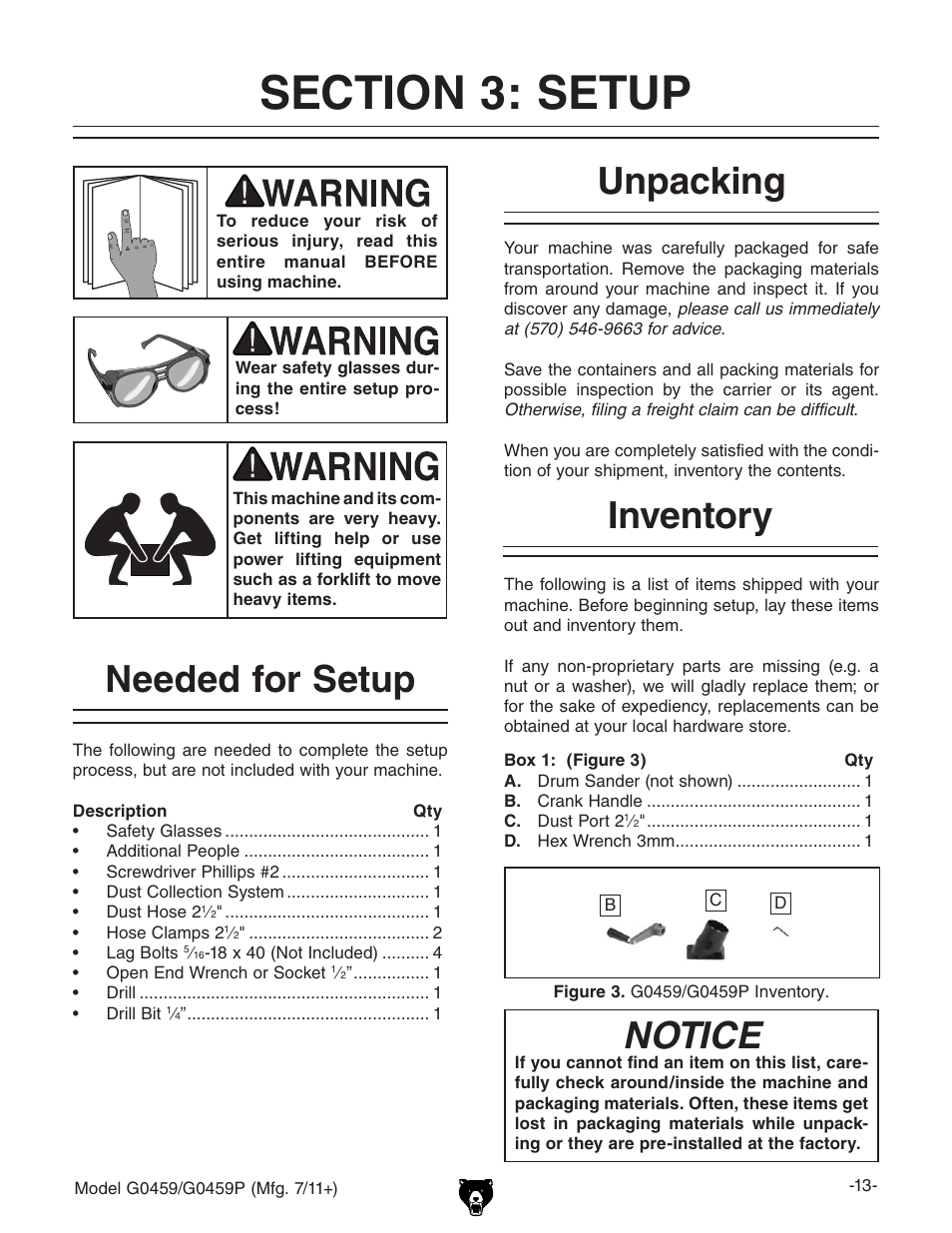 Needed for setup inventory, Unpacking, Notice | Grizzly 12" Drum Sander G0459 User Manual | Page 15 / 56