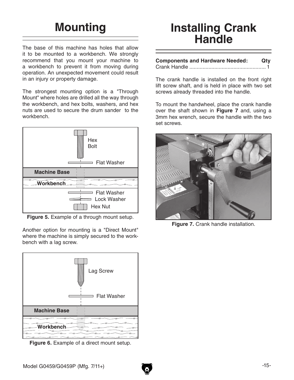 Mounting, Installing crank handle | Grizzly 12" Drum Sander G0459 User Manual | Page 17 / 56