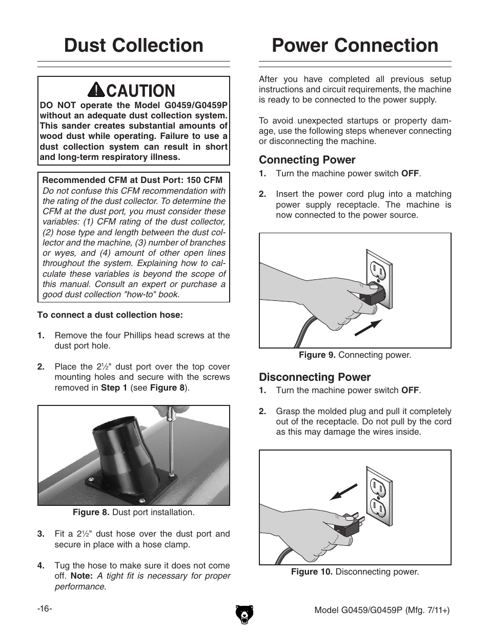 Dust collection, Power connection, Connecting power | Disconnecting power | Grizzly 12" Drum Sander G0459 User Manual | Page 18 / 56