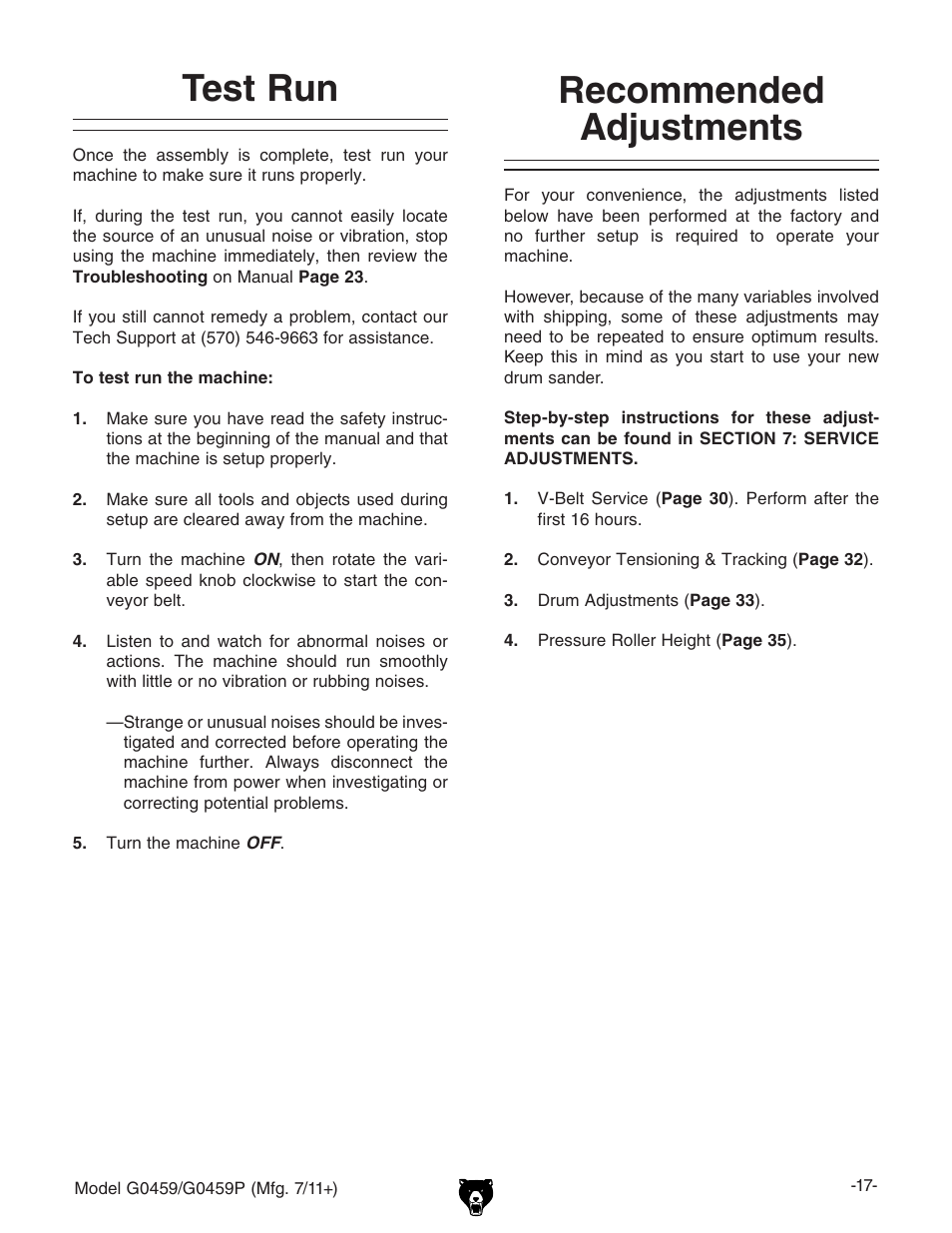 Recommended adjustments, Test run | Grizzly 12" Drum Sander G0459 User Manual | Page 19 / 56