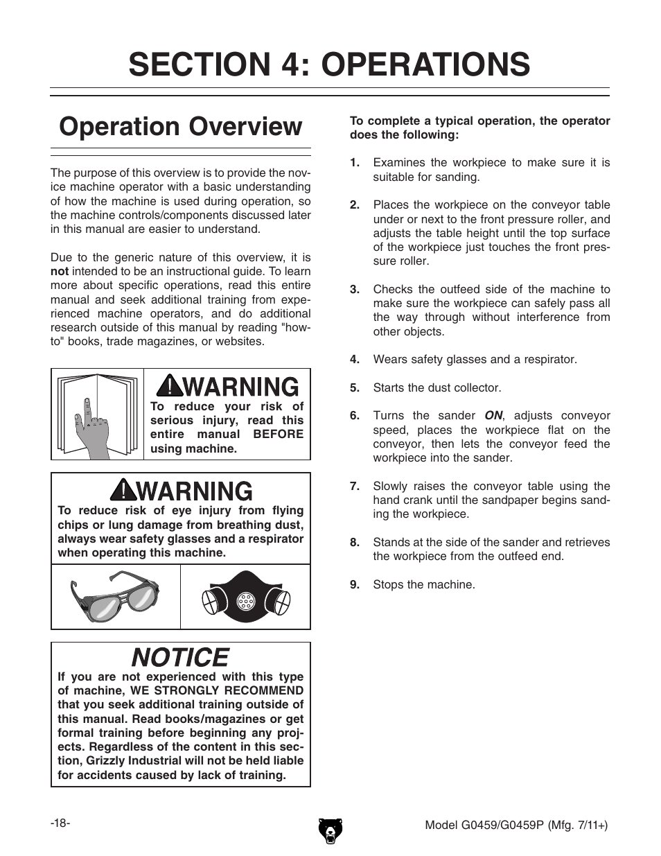 Operation overview | Grizzly 12" Drum Sander G0459 User Manual | Page 20 / 56