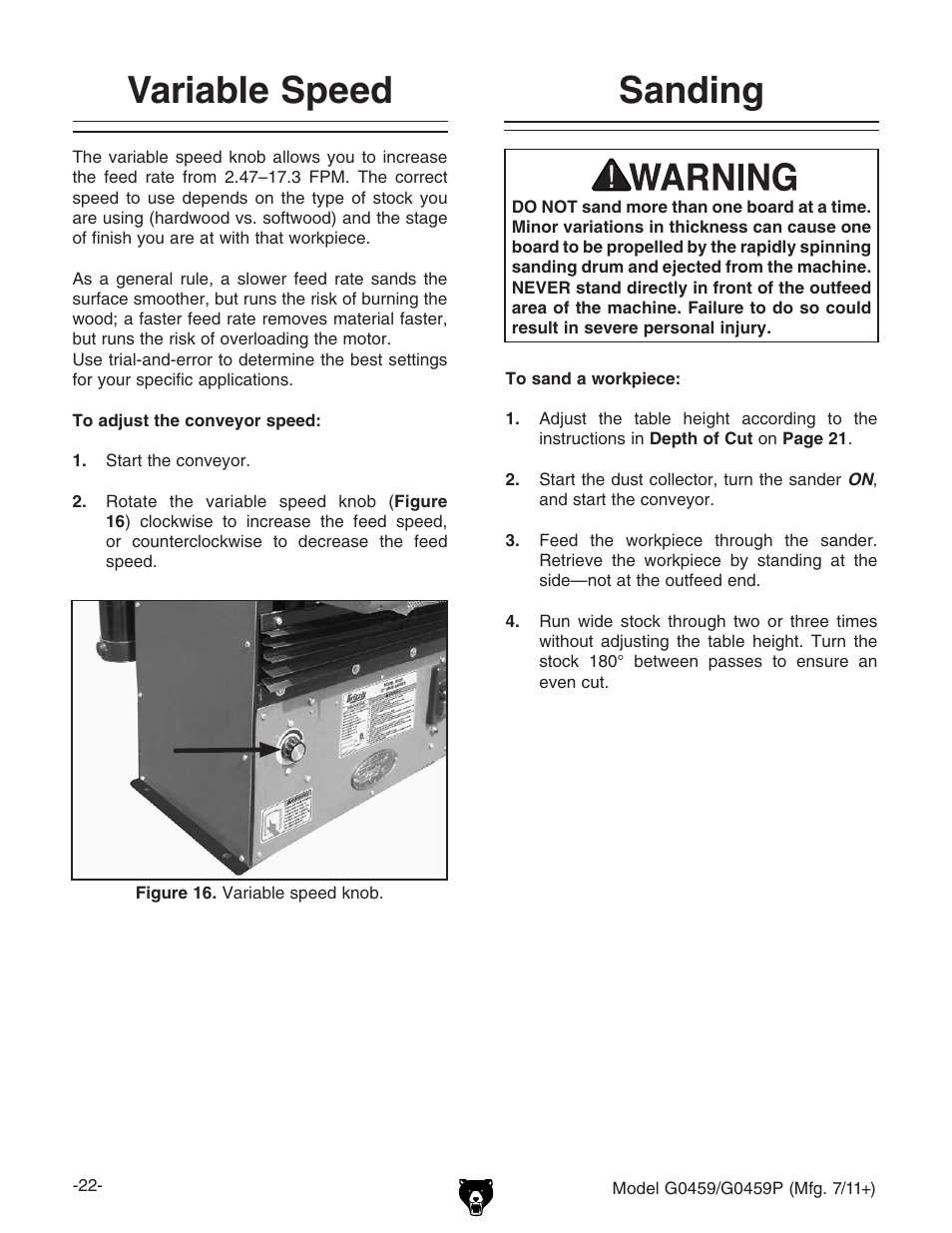 Sanding variable speed | Grizzly 12" Drum Sander G0459 User Manual | Page 24 / 56