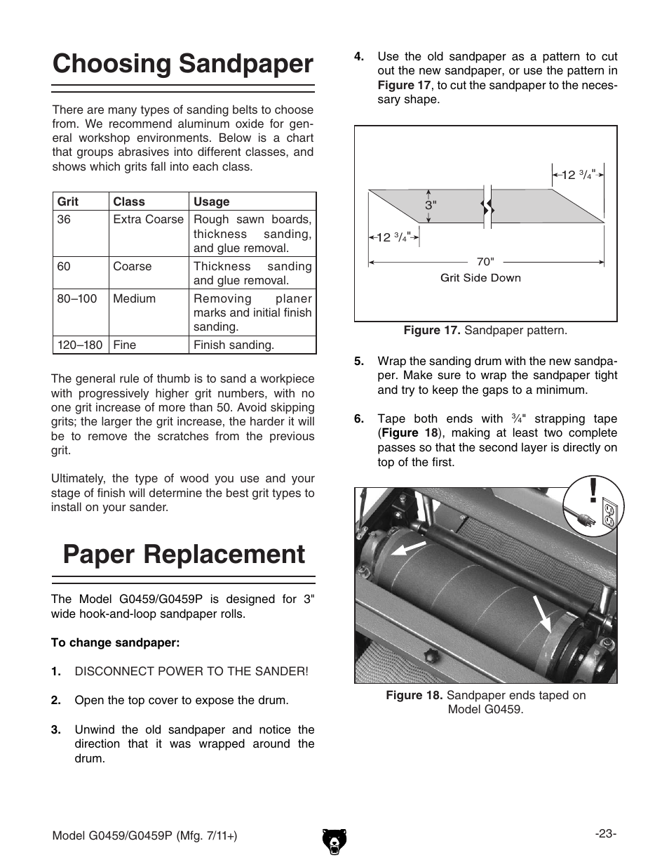 Paper replacement, Choosing sandpaper | Grizzly 12" Drum Sander G0459 User Manual | Page 25 / 56