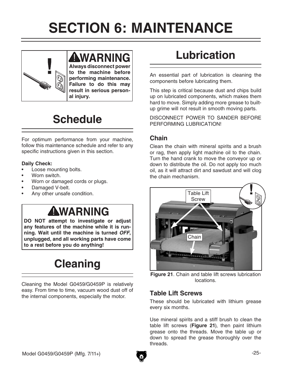 Schedule, Cleaning, Lubrication | Grizzly 12" Drum Sander G0459 User Manual | Page 27 / 56