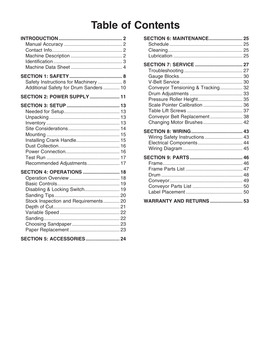 Grizzly 12" Drum Sander G0459 User Manual | Page 3 / 56