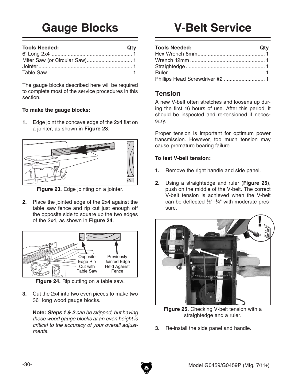 V-belt service, Gauge blocks, Tension | Grizzly 12" Drum Sander G0459 User Manual | Page 32 / 56