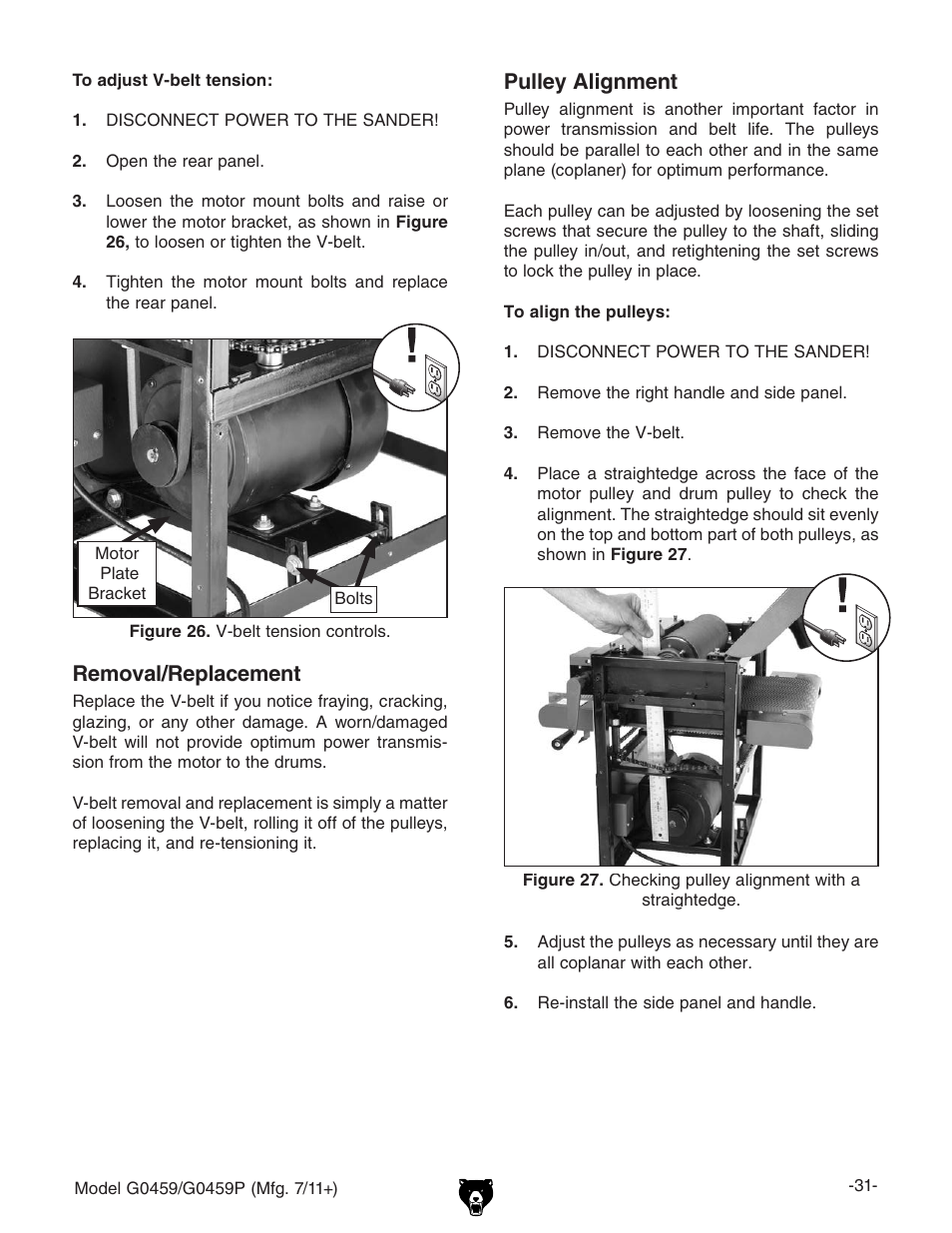 Removal/replacement, Pulley alignment | Grizzly 12" Drum Sander G0459 User Manual | Page 33 / 56
