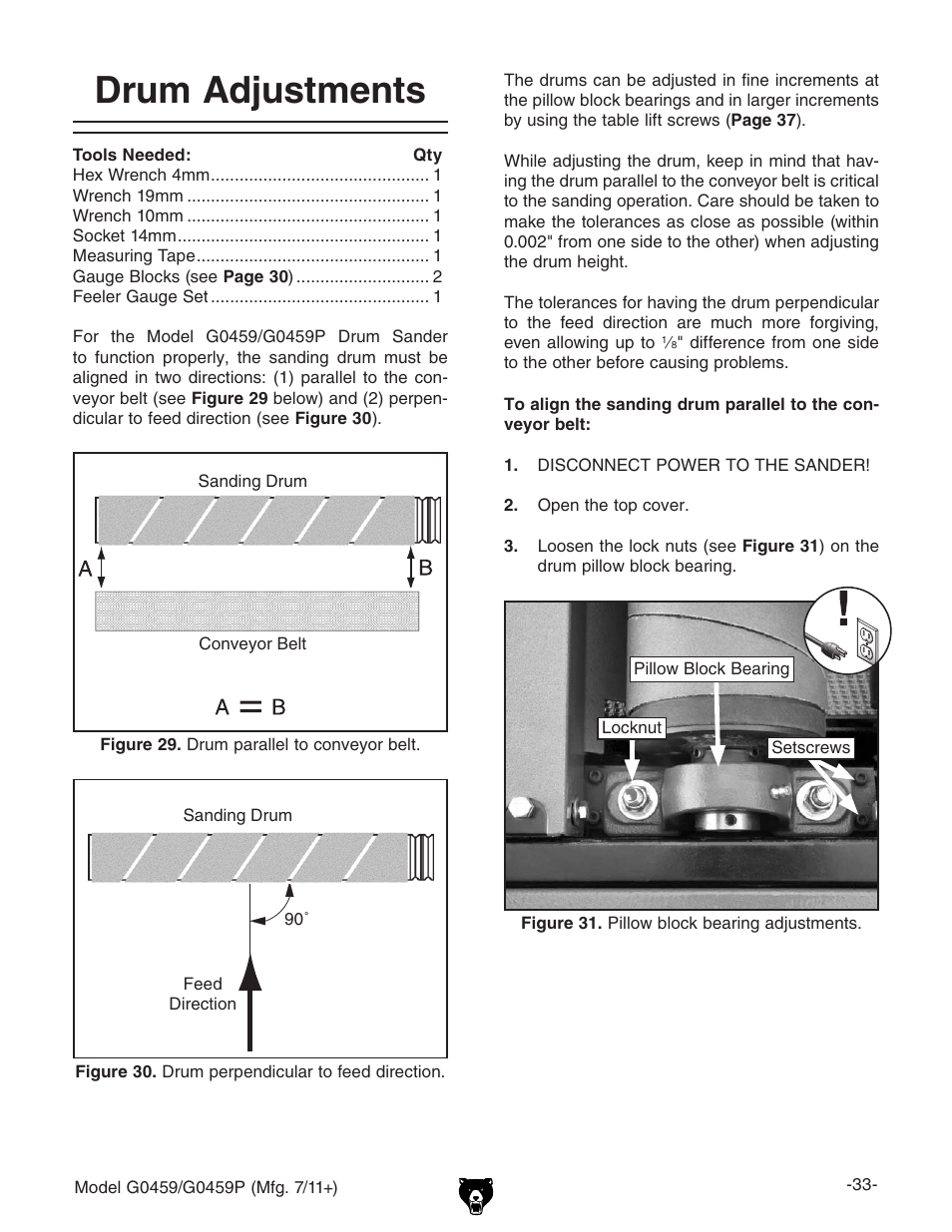 Drum adjustments | Grizzly 12" Drum Sander G0459 User Manual | Page 35 / 56