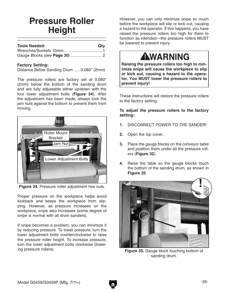 Pressure roller height | Grizzly 12" Drum Sander G0459 User Manual | Page 37 / 56