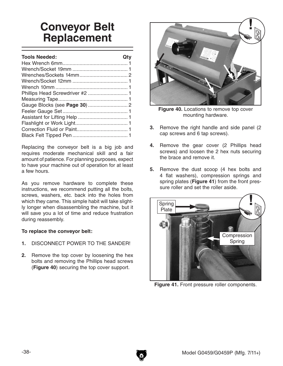 Conveyor belt replacement | Grizzly 12" Drum Sander G0459 User Manual | Page 40 / 56