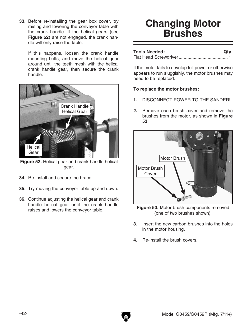 Changing motor brushes | Grizzly 12" Drum Sander G0459 User Manual | Page 44 / 56